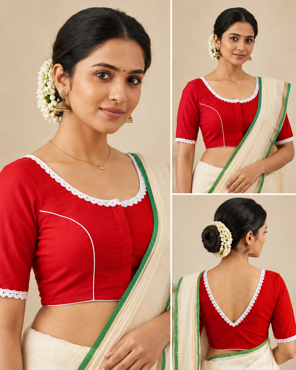 Red Designer Saree Blouse for Women with White Lace and Deep V-Back image 3