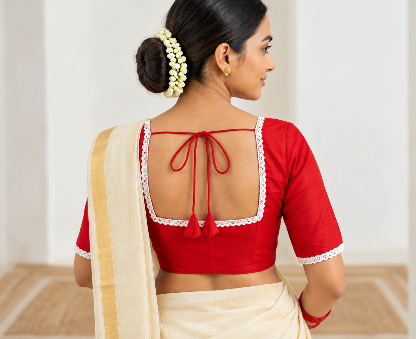 Women’s Red Designer Blouse with White Lace, Square Neck & Back Dori Tie-Up image 2