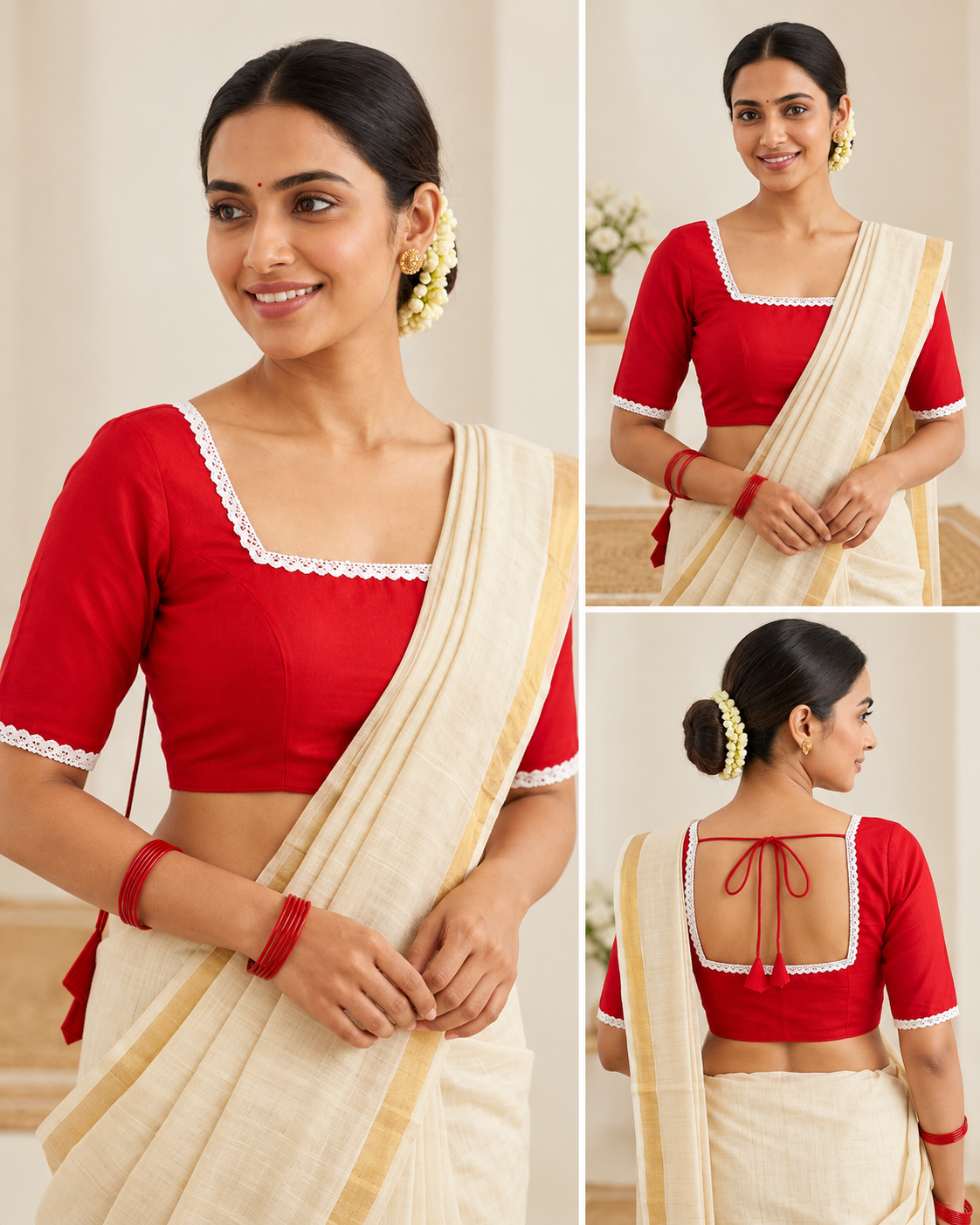 Women’s Red Designer Blouse with White Lace, Square Neck & Back Dori Tie-Up image 3