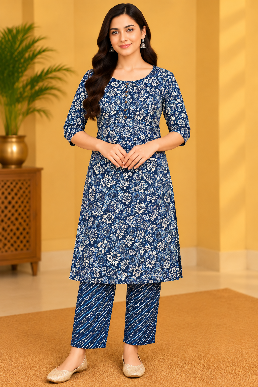 Navy Blue Floral Printed Kurta Pant Set for Women image 2
