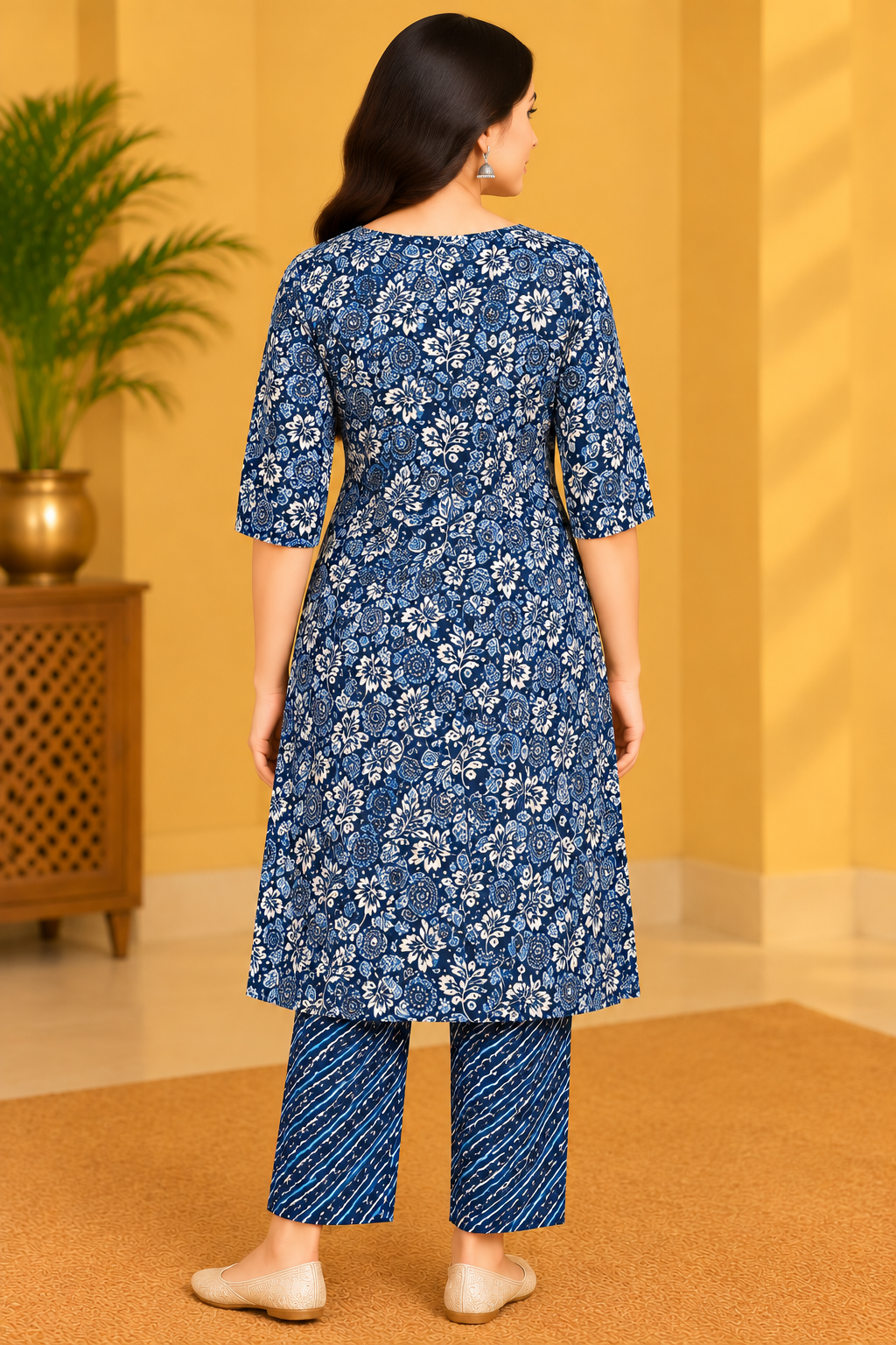 Navy Blue Floral Printed Kurta Pant Set for Women image 3