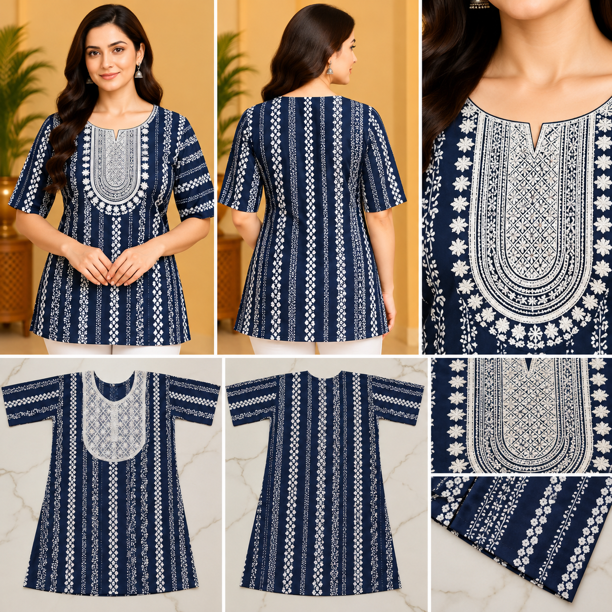 Women's Navy Blue Printed Short Top with White Floral Stripes & Embroidered Yoke