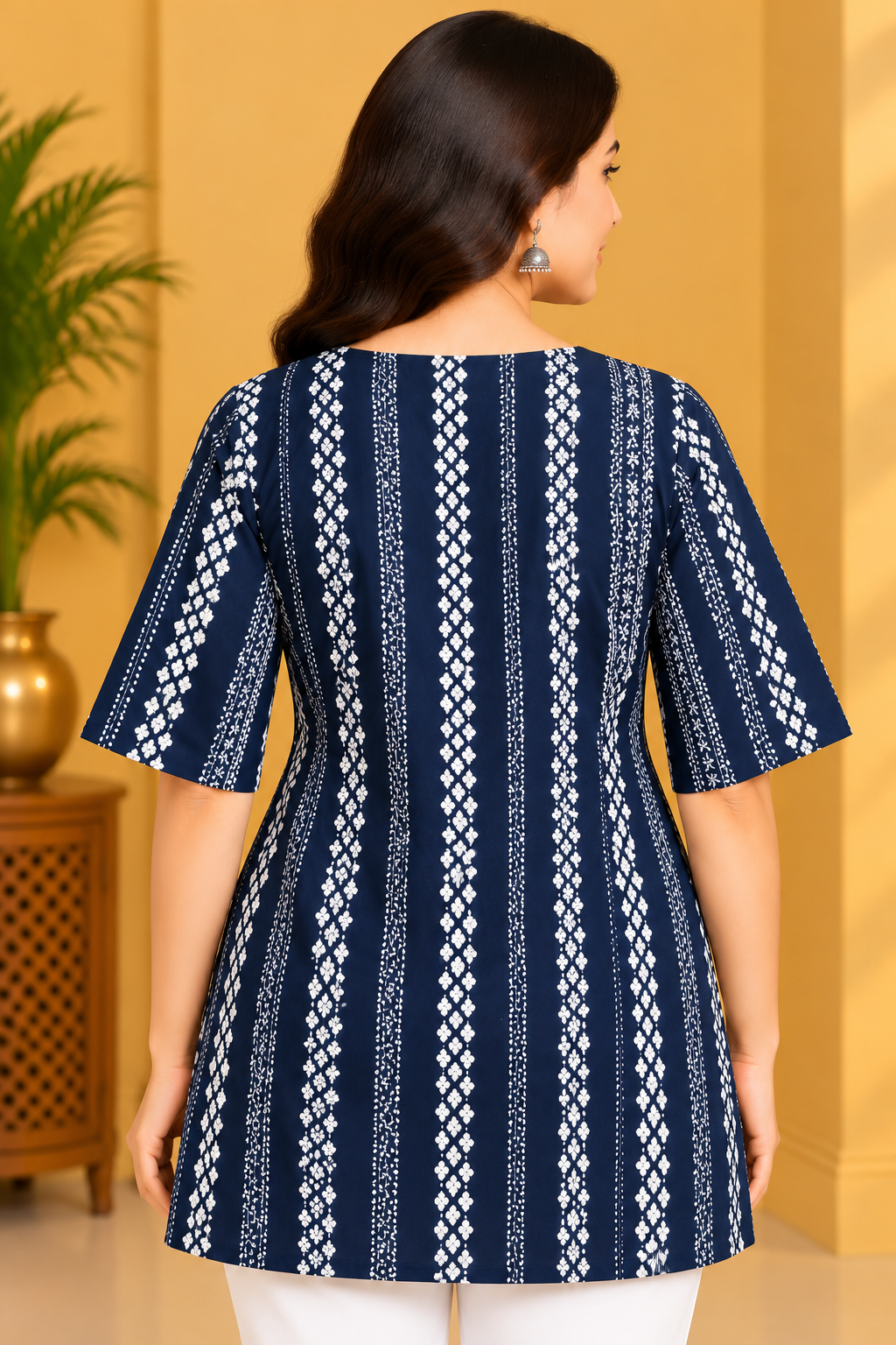 Women's Navy Blue Printed Short Top with White Floral Stripes & Embroidered Yoke image 3