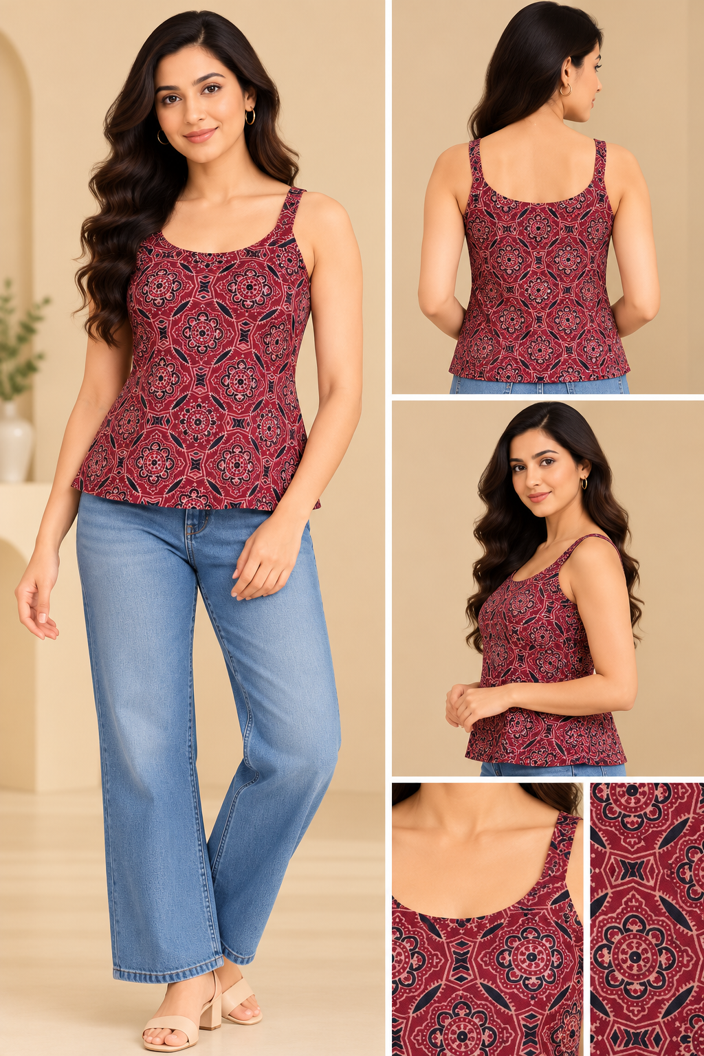 Women’s Maroon Ajrakh Printed Sleeveless Top | Traditional Ethnic Floral Print