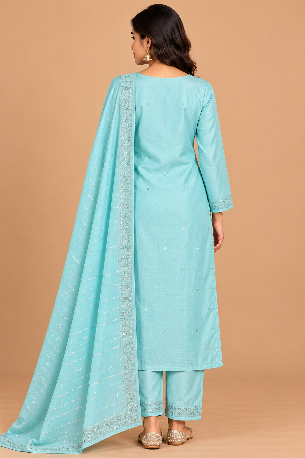 Aqua Blue Embroidered Kurta Pant Dupatta Set for Women image 3