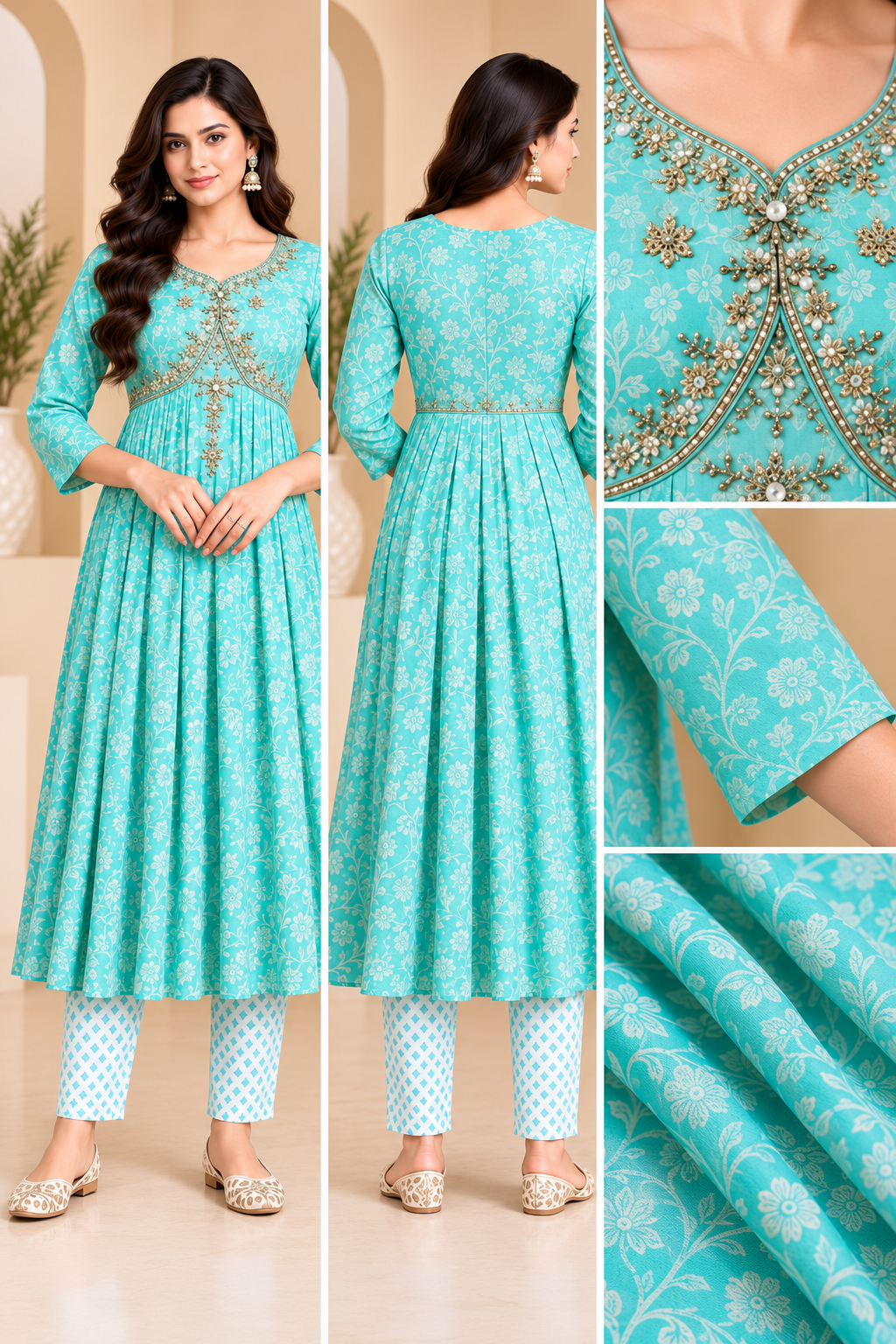Mint Aqua Floral Printed Anarkali Kurta Set with Matching Pants for Women | Sayanis Creation