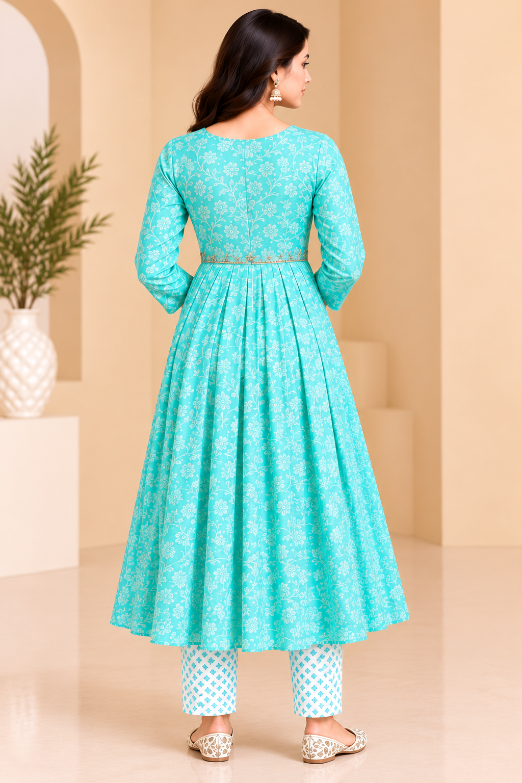 Mint Aqua Floral Printed Anarkali Kurta Set with Matching Pants for Women | Sayanis Creation image 2