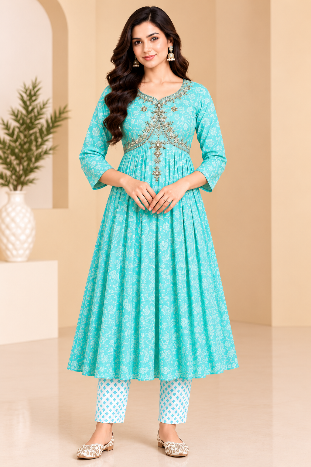 Mint Aqua Floral Printed Anarkali Kurta Set with Matching Pants for Women | Sayanis Creation image 3