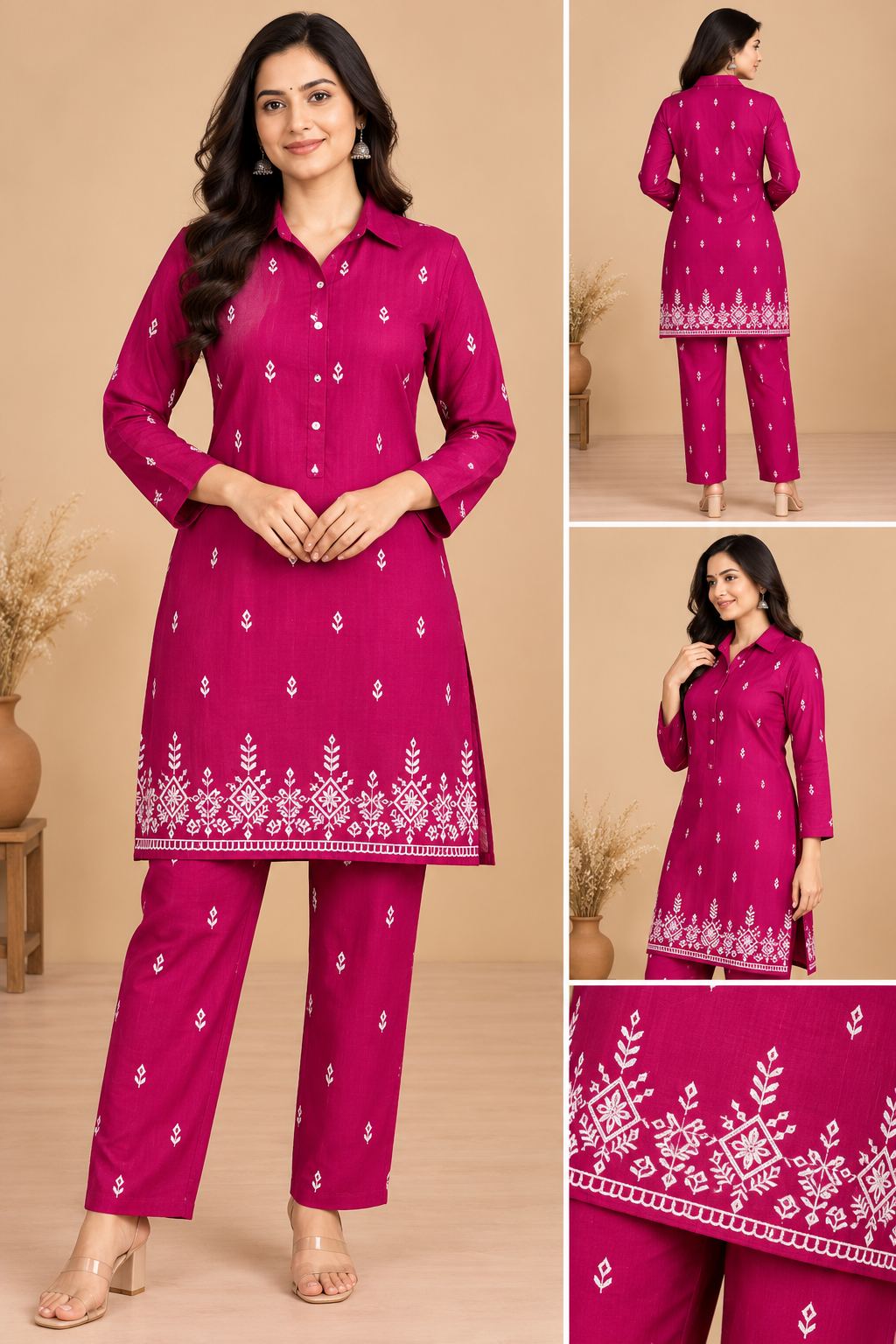 Magenta Pink Printed Kurta Pant Co-ord Set for Women with White Floral Border