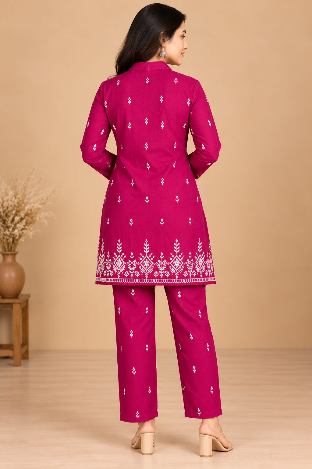 Magenta Pink Printed Kurta Pant Co-ord Set for Women with White Floral Border image 2