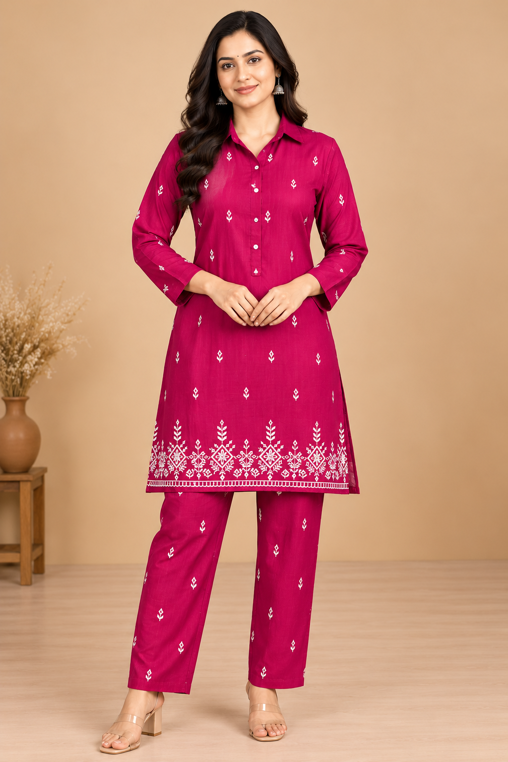 Magenta Pink Printed Kurta Pant Co-ord Set for Women with White Floral Border image 3
