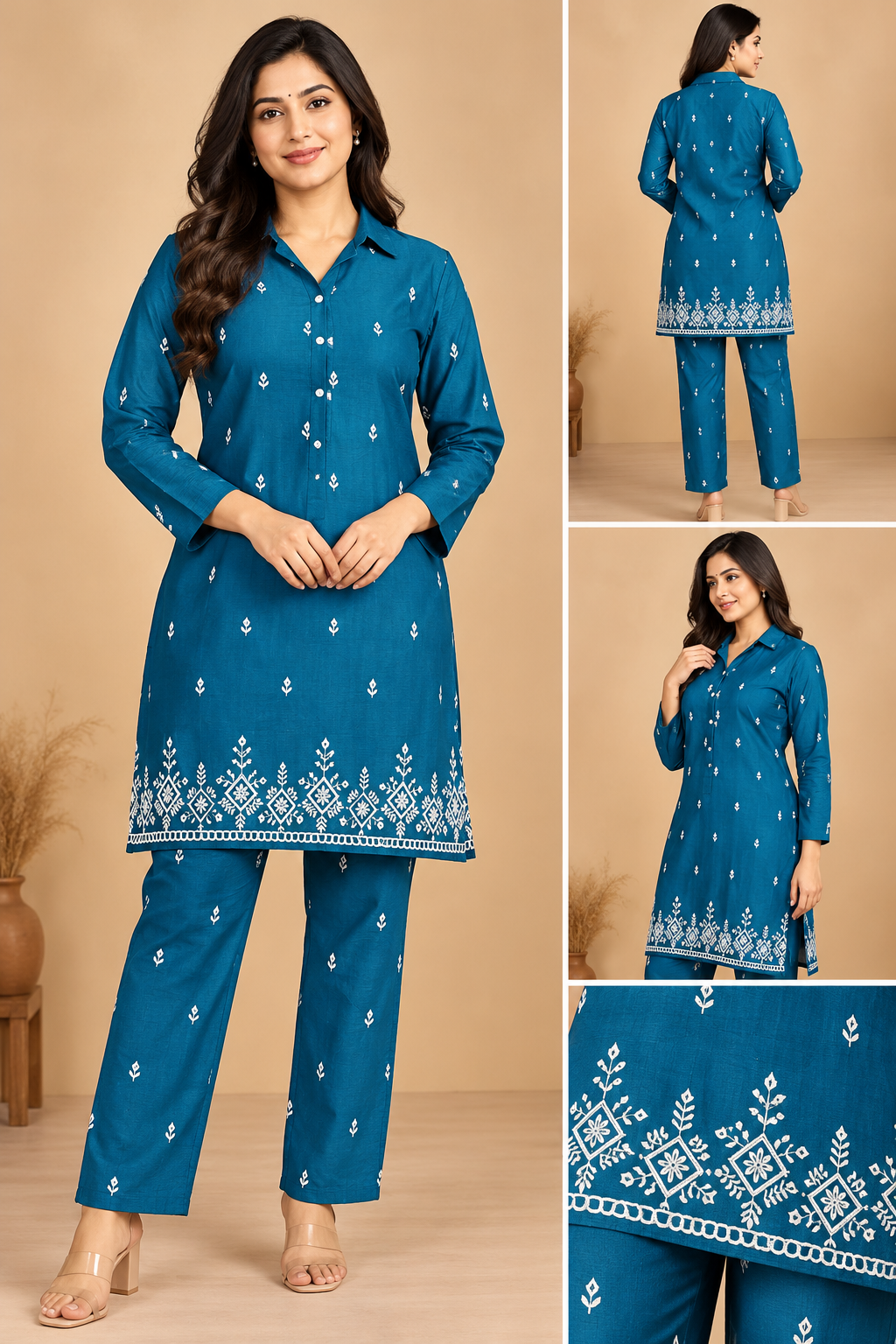 Teal Blue Printed Kurta Pant Co-ord Set for Women with White Floral Border