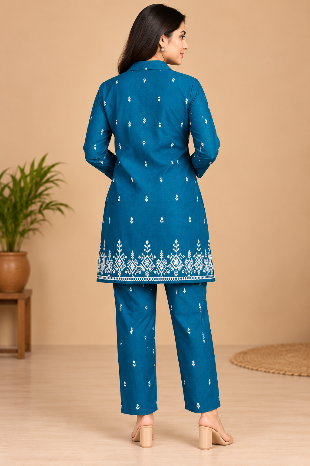 Teal Blue Printed Kurta Pant Co-ord Set for Women with White Floral Border image 2