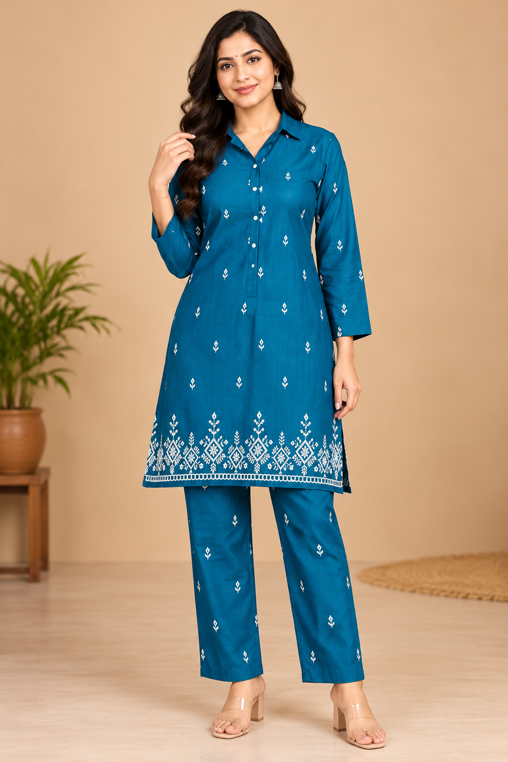 Teal Blue Printed Kurta Pant Co-ord Set for Women with White Floral Border image 3