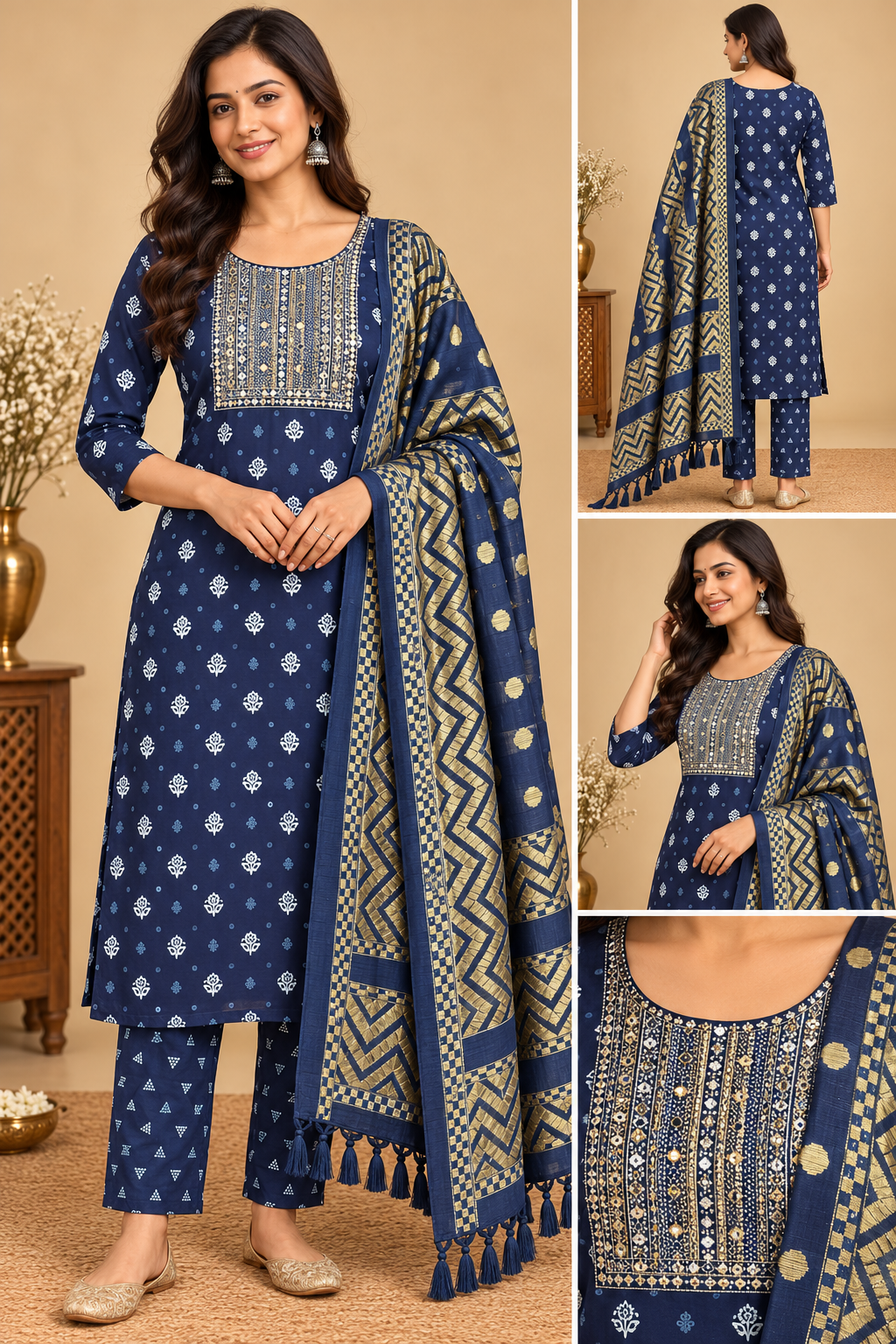 Navy Blue Printed Kurti Pant Dupatta Set for Women