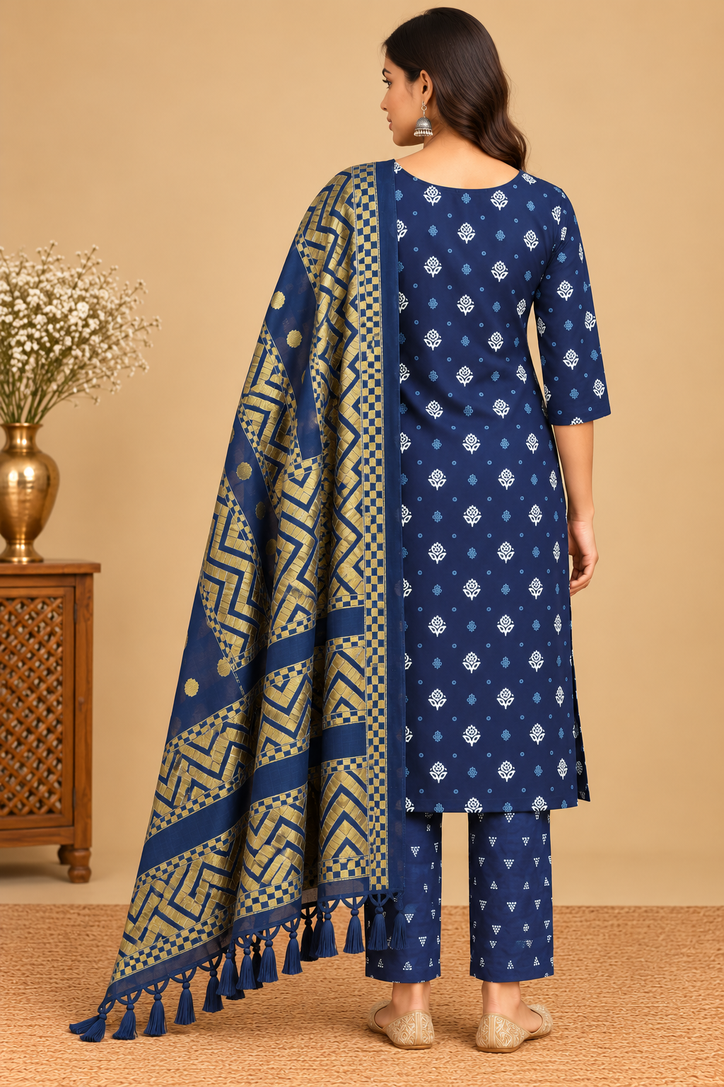 Navy Blue Printed Kurti Pant Dupatta Set for Women image 2