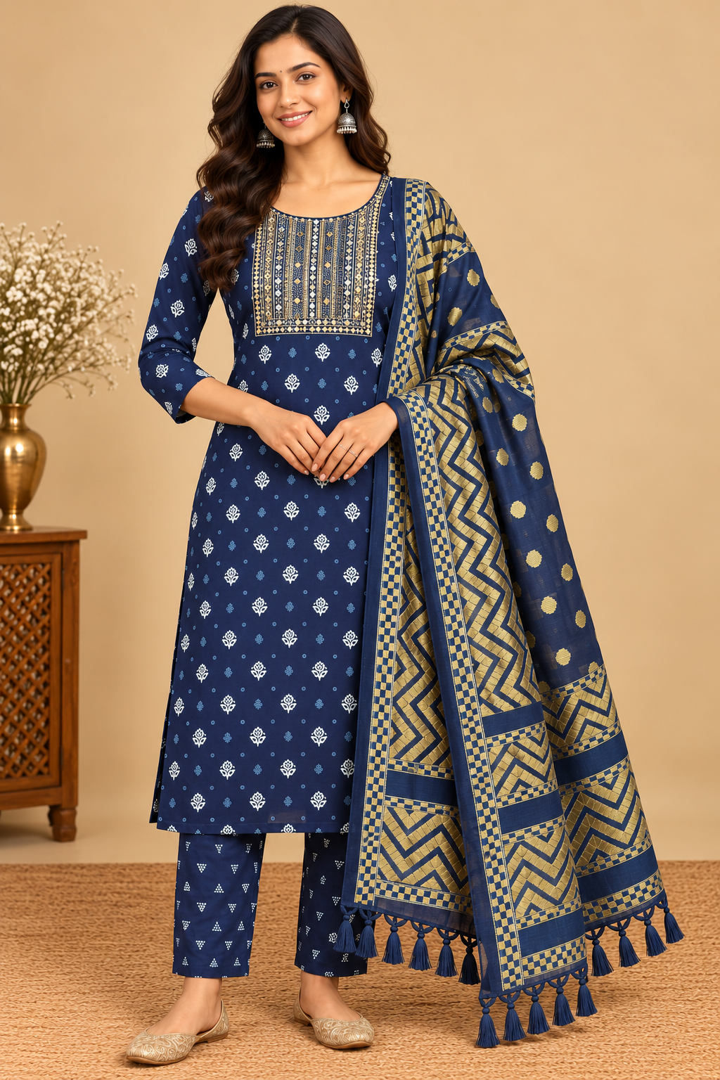 Navy Blue Printed Kurti Pant Dupatta Set for Women image 3