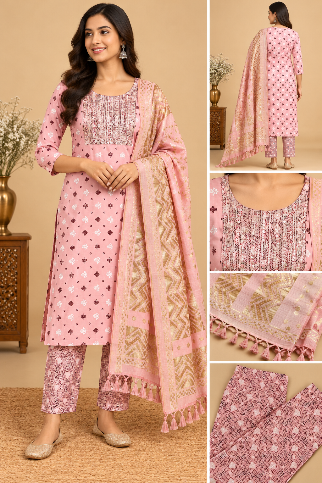 Pastel Pink Printed Kurti Pant Dupatta Set for Women