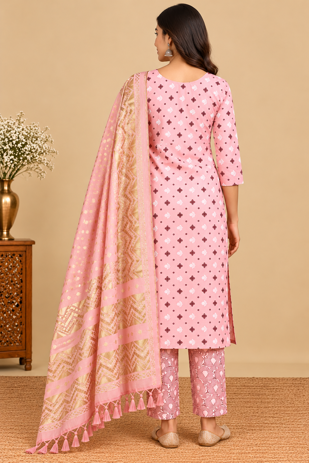 Pastel Pink Printed Kurti Pant Dupatta Set for Women image 2
