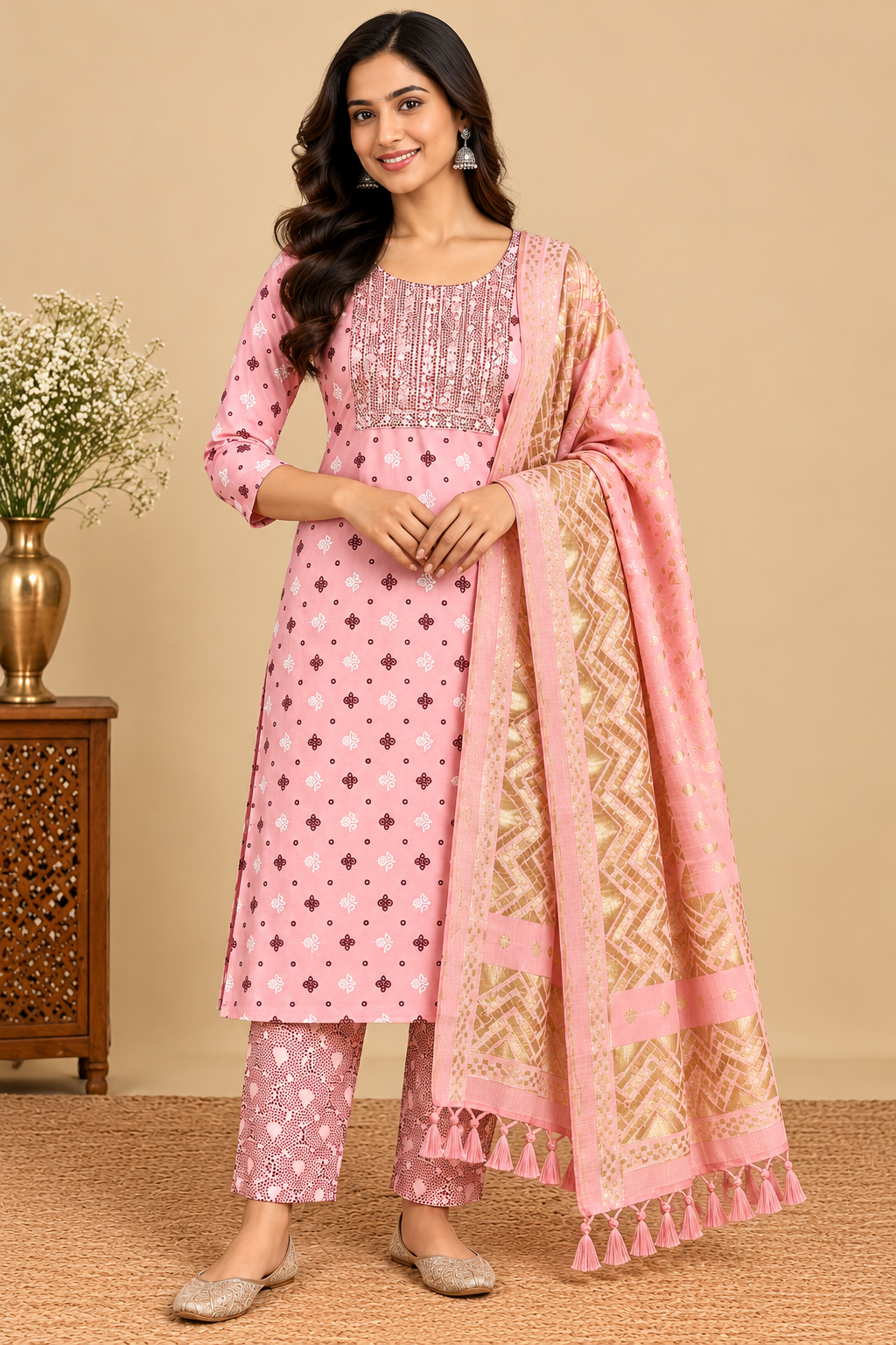 Pastel Pink Printed Kurti Pant Dupatta Set for Women image 3