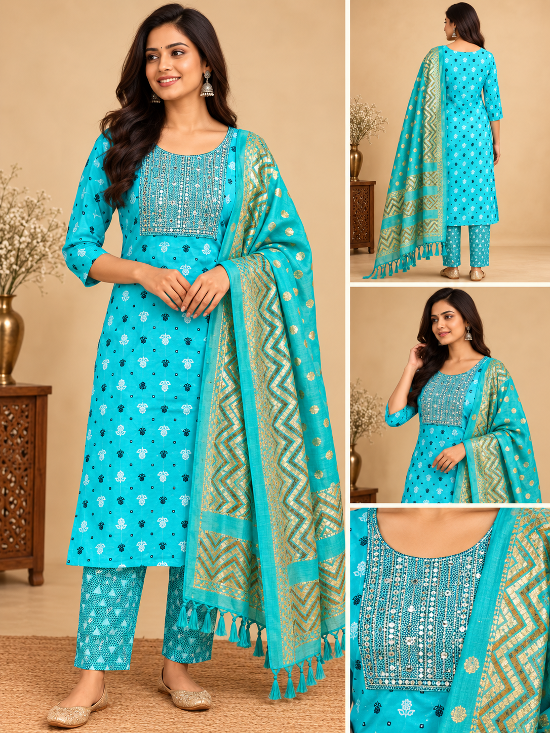 Turquoise Blue Printed Kurti Pant Dupatta Set for Women