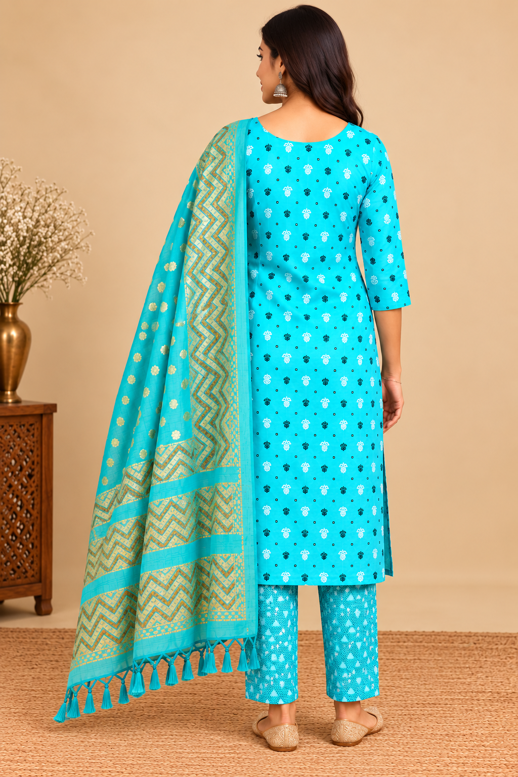 Turquoise Blue Printed Kurti Pant Dupatta Set for Women image 2
