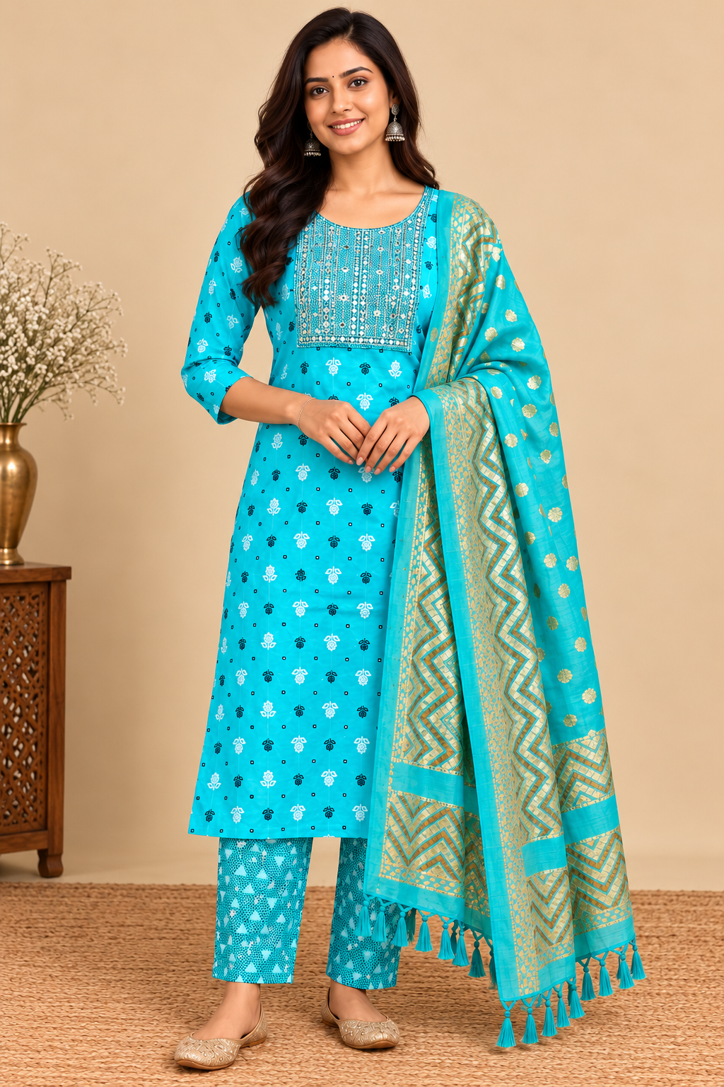 Turquoise Blue Printed Kurti Pant Dupatta Set for Women image 3