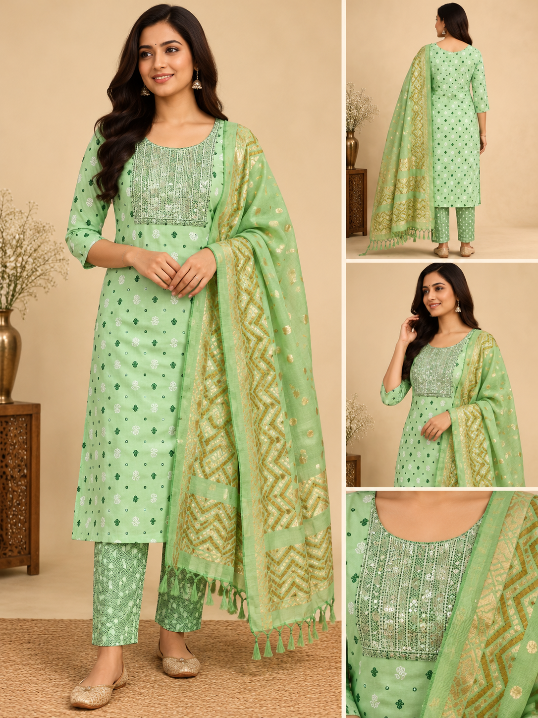 Mint Green Printed Kurti Pant Dupatta Set for Women