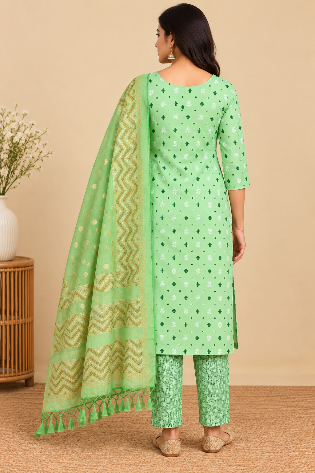 Mint Green Printed Kurti Pant Dupatta Set for Women image 2