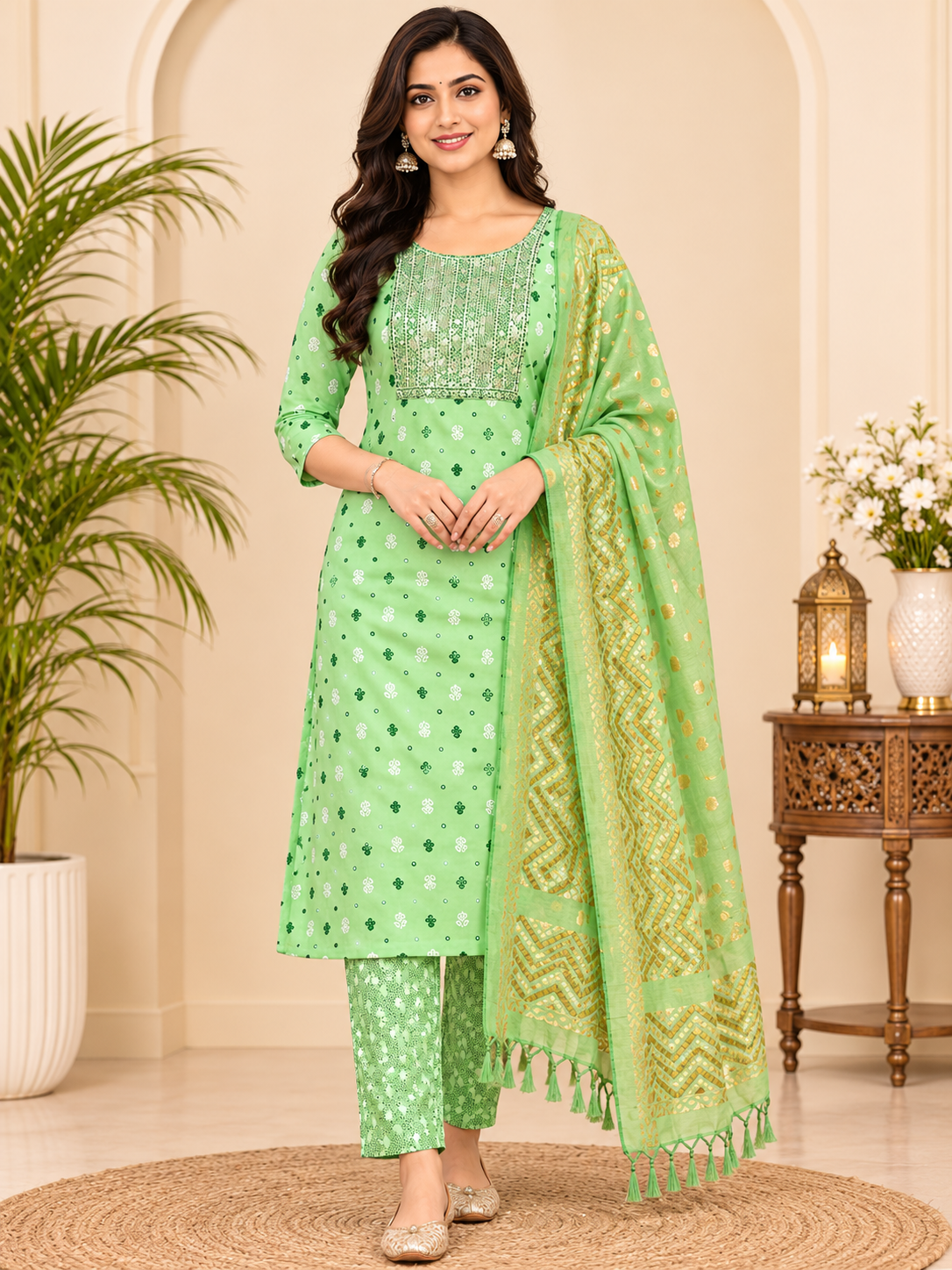 Mint Green Printed Kurti Pant Dupatta Set for Women image 3