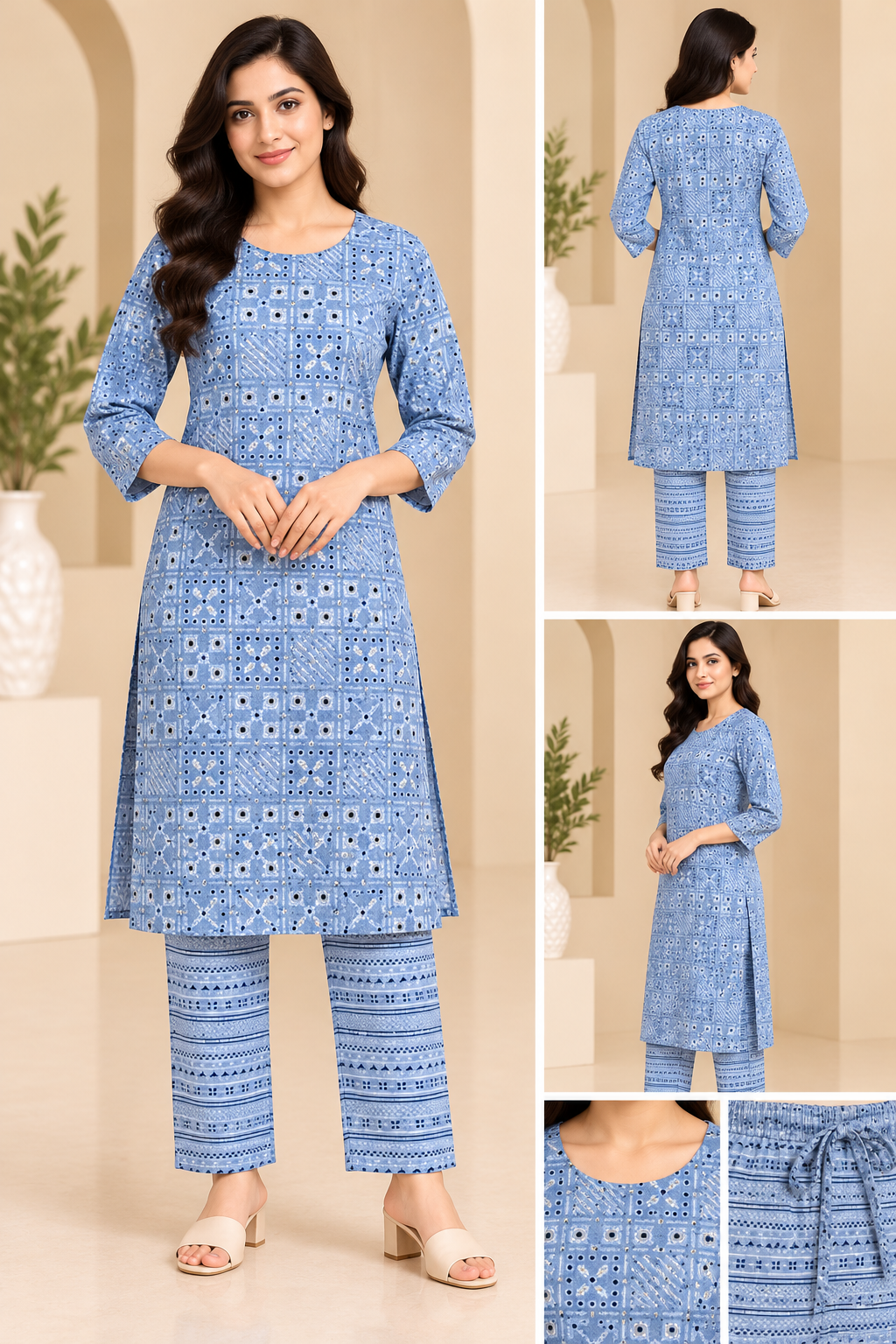 Women’s Blue Printed Kurta Pant Set with 3/4 Sleeves | Ethnic Casual Wear