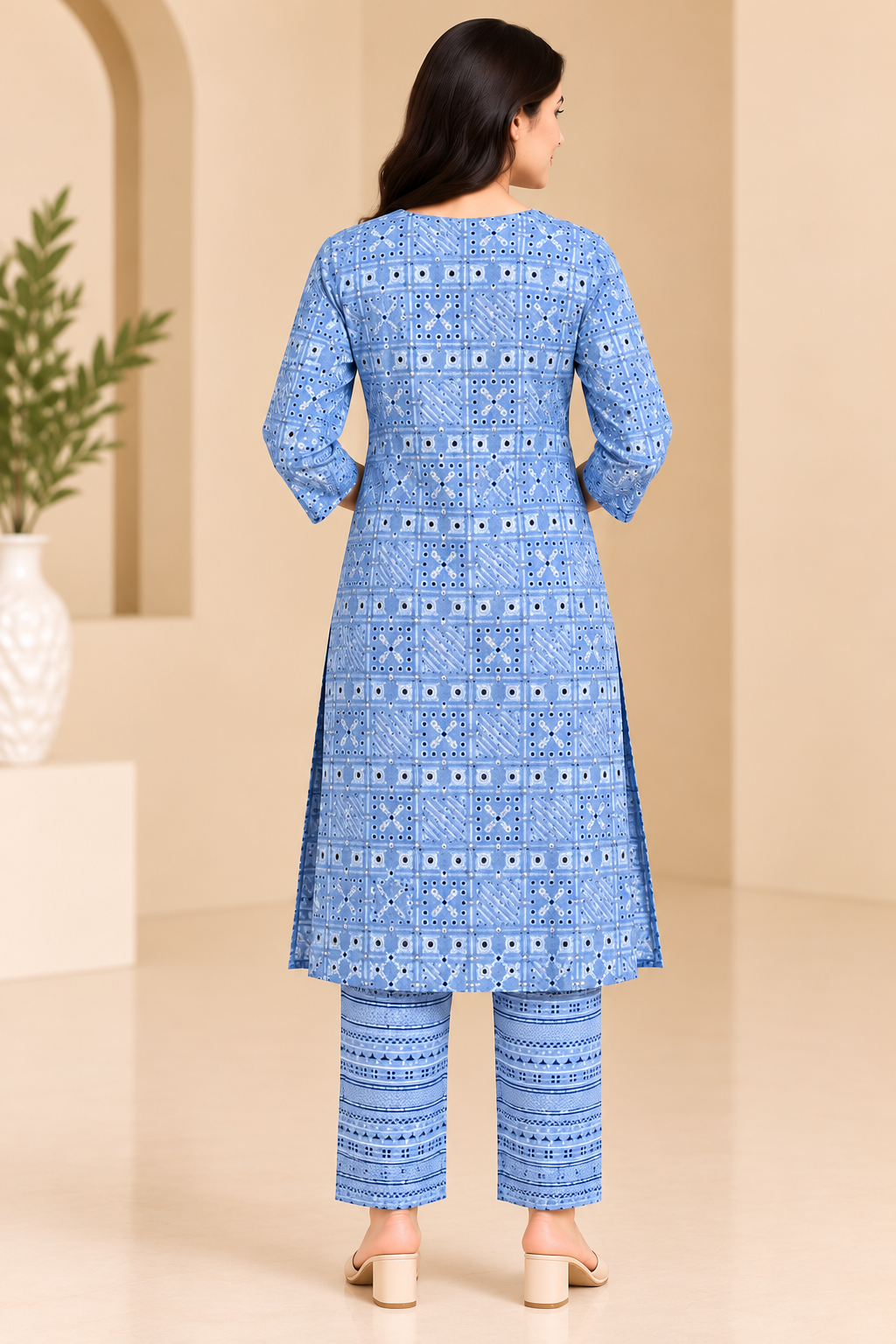 Women’s Blue Printed Kurta Pant Set with 3/4 Sleeves | Ethnic Casual Wear image 2