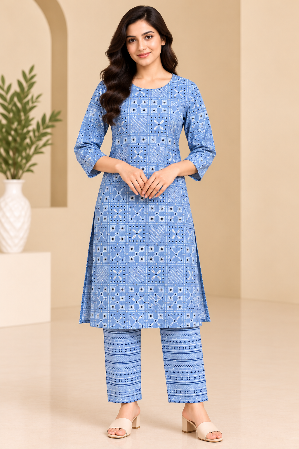 Women’s Blue Printed Kurta Pant Set with 3/4 Sleeves | Ethnic Casual Wear image 3