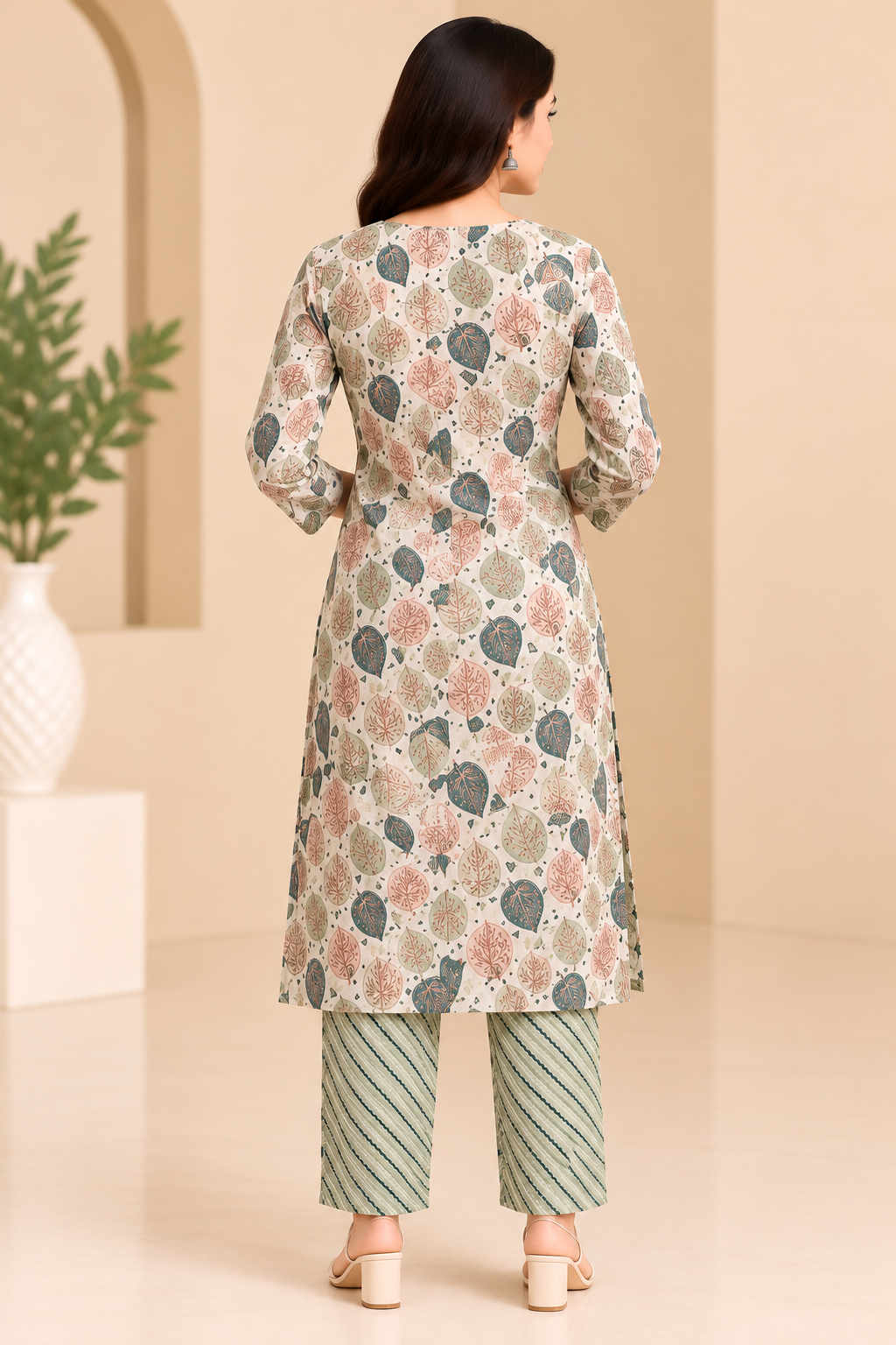 Women’s Cream Leaf Print Kurta Pant Set with Green Zigzag Pattern Pants