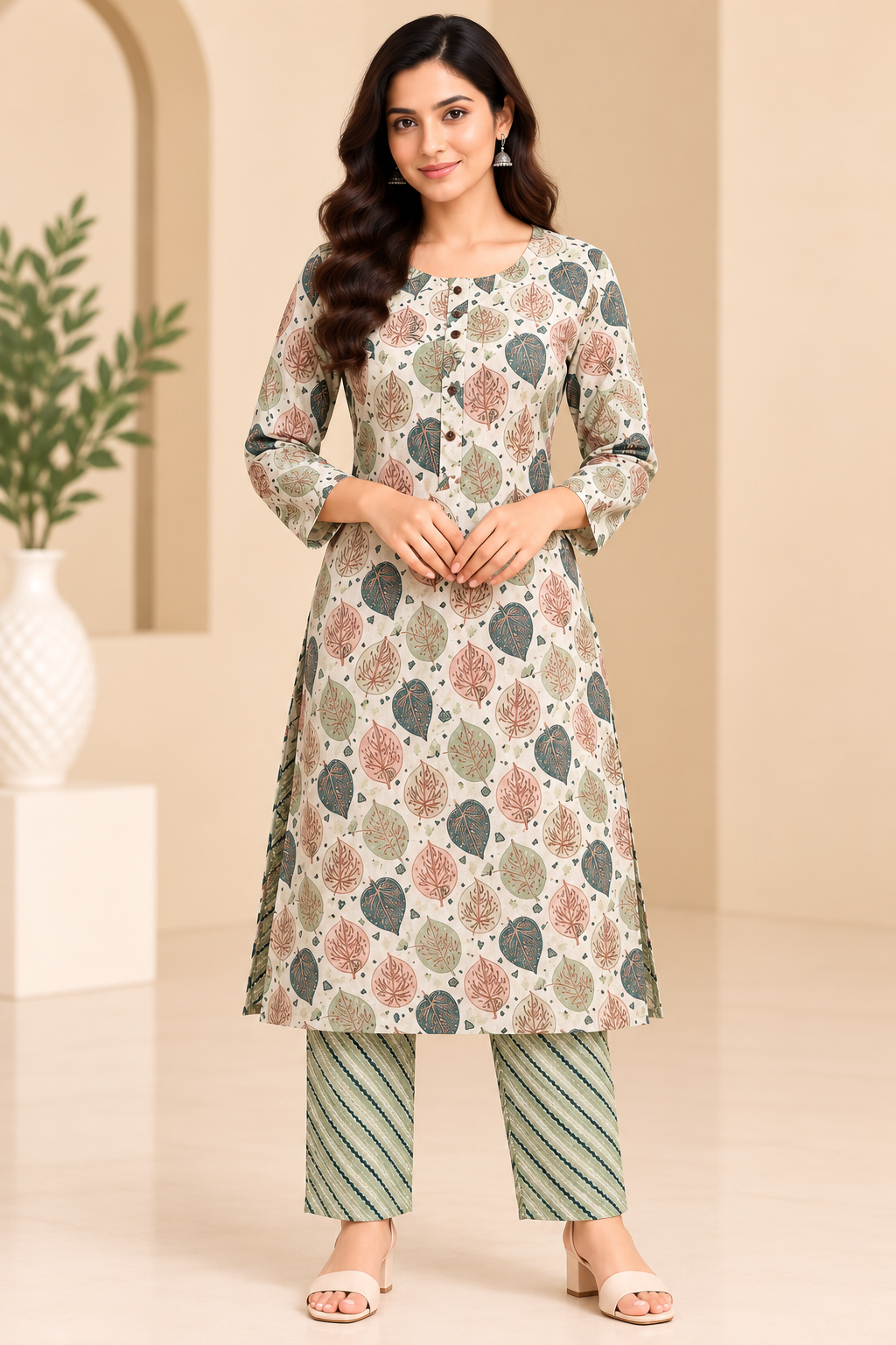 Women’s Cream Leaf Print Kurta Pant Set with Green Zigzag Pattern Pants image 2