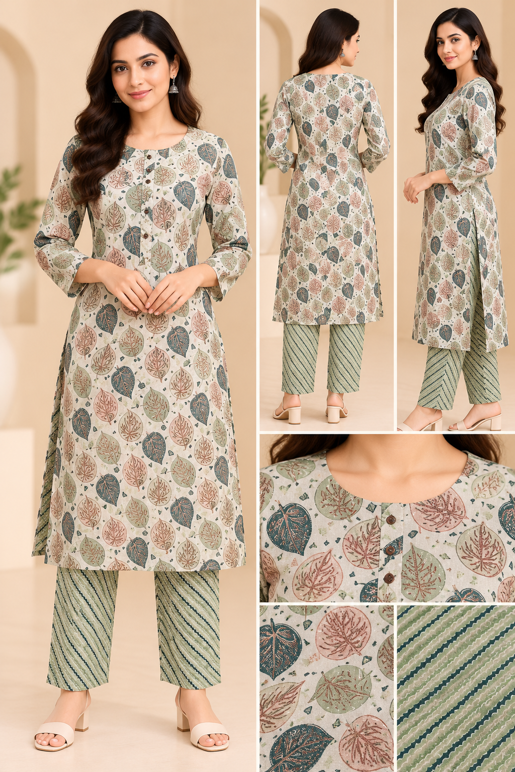Women’s Cream Leaf Print Kurta Pant Set with Green Zigzag Pattern Pants image 3