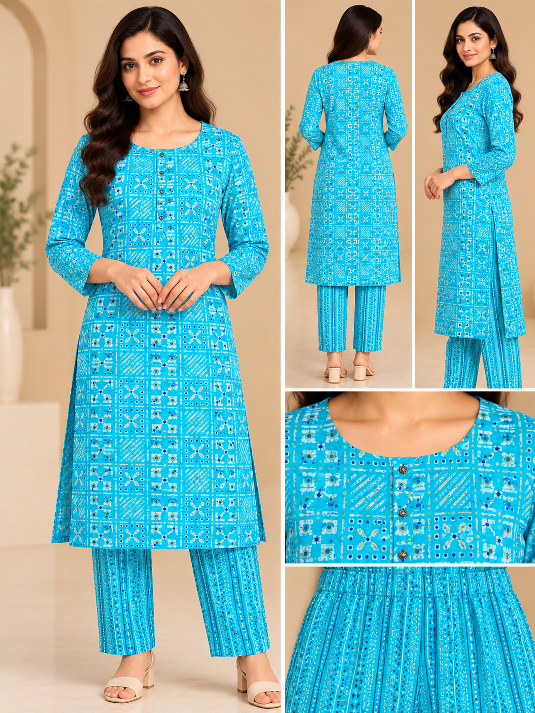 Women's Turquoise Blue Printed Kurti Pant Set with Geometric Pattern