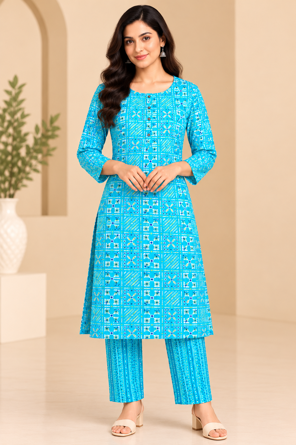 Women's Turquoise Blue Printed Kurti Pant Set with Geometric Pattern image 2
