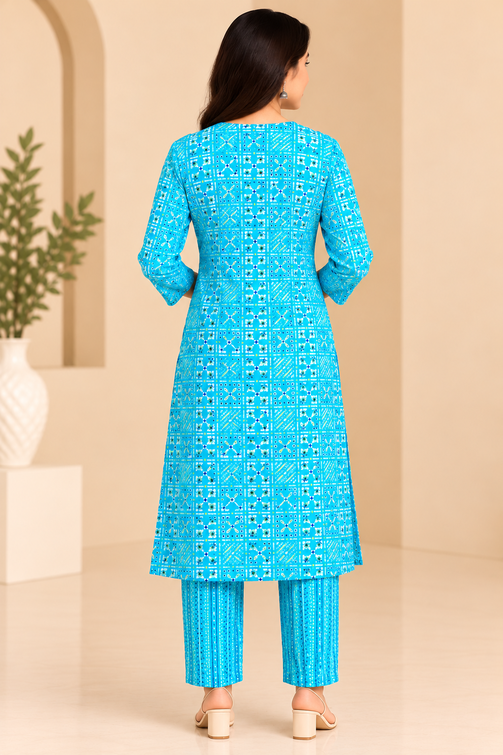 Women's Turquoise Blue Printed Kurti Pant Set with Geometric Pattern image 3