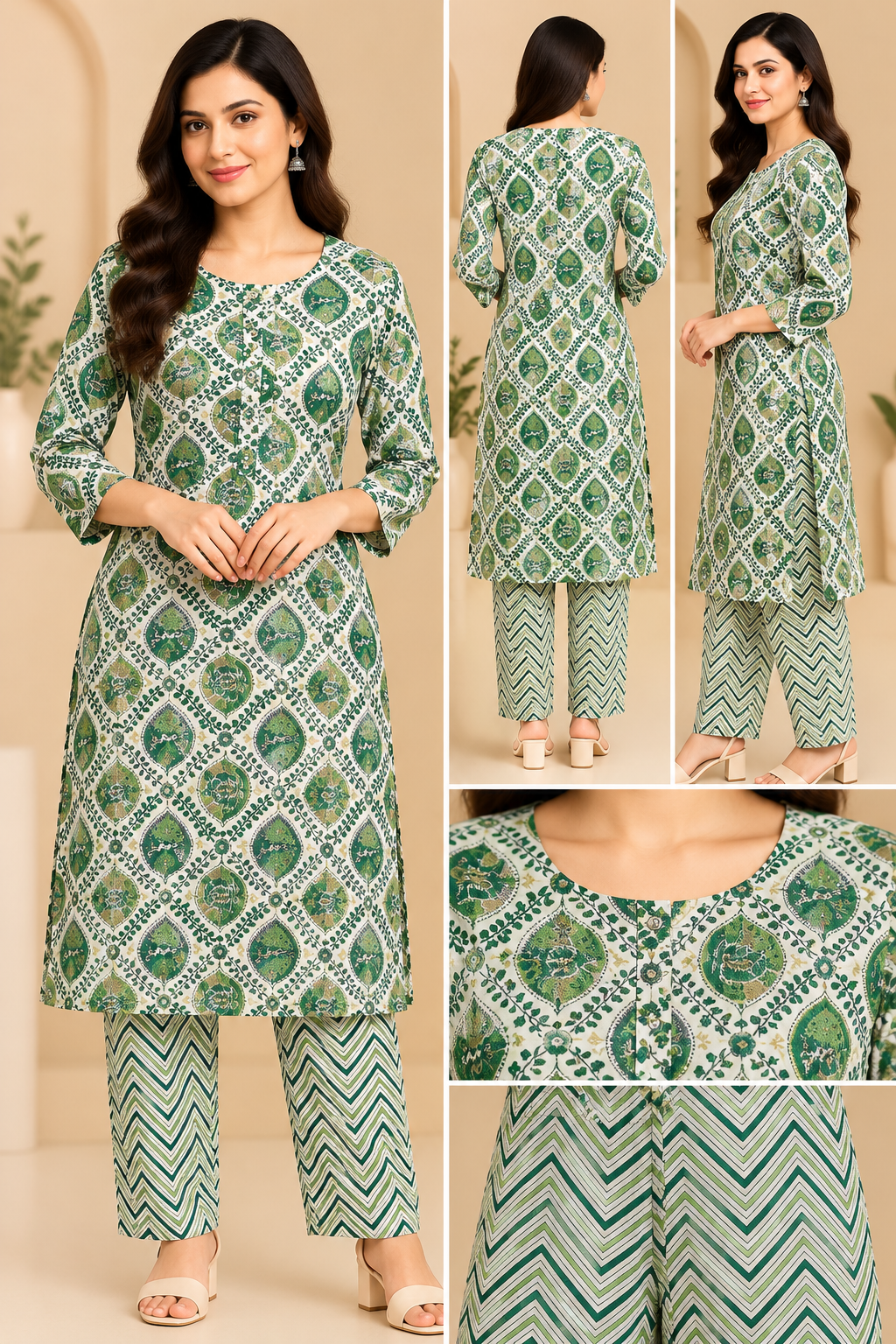 Women's Green Printed Kurti Pant Set with Matching Chevron Pants
