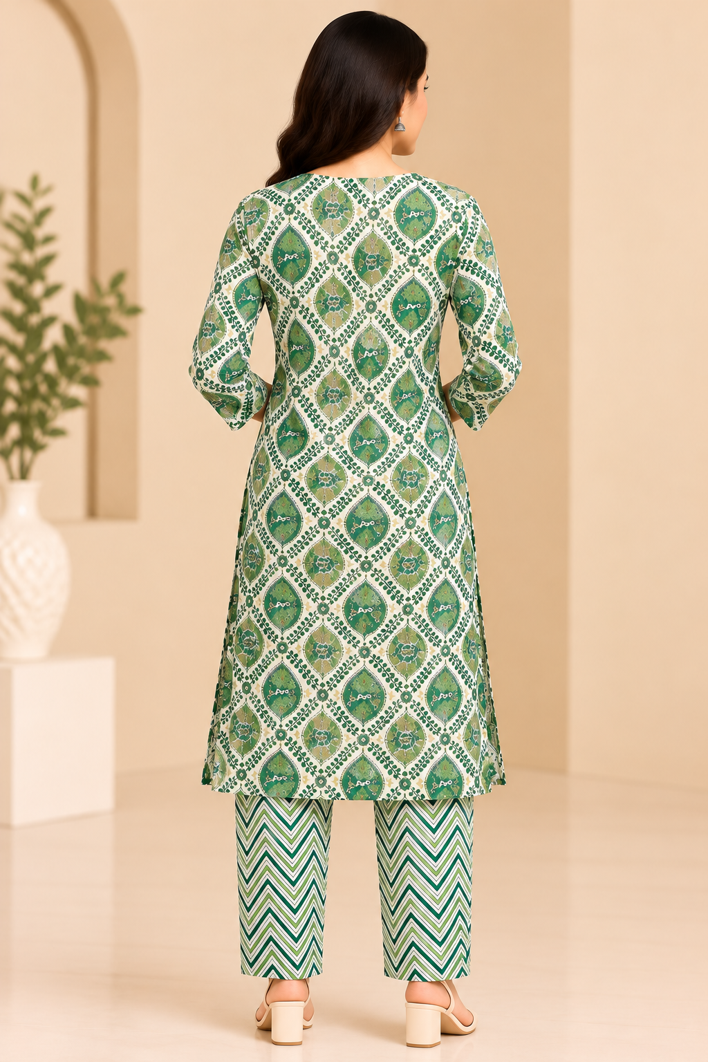 Women's Green Printed Kurti Pant Set with Matching Chevron Pants image 2