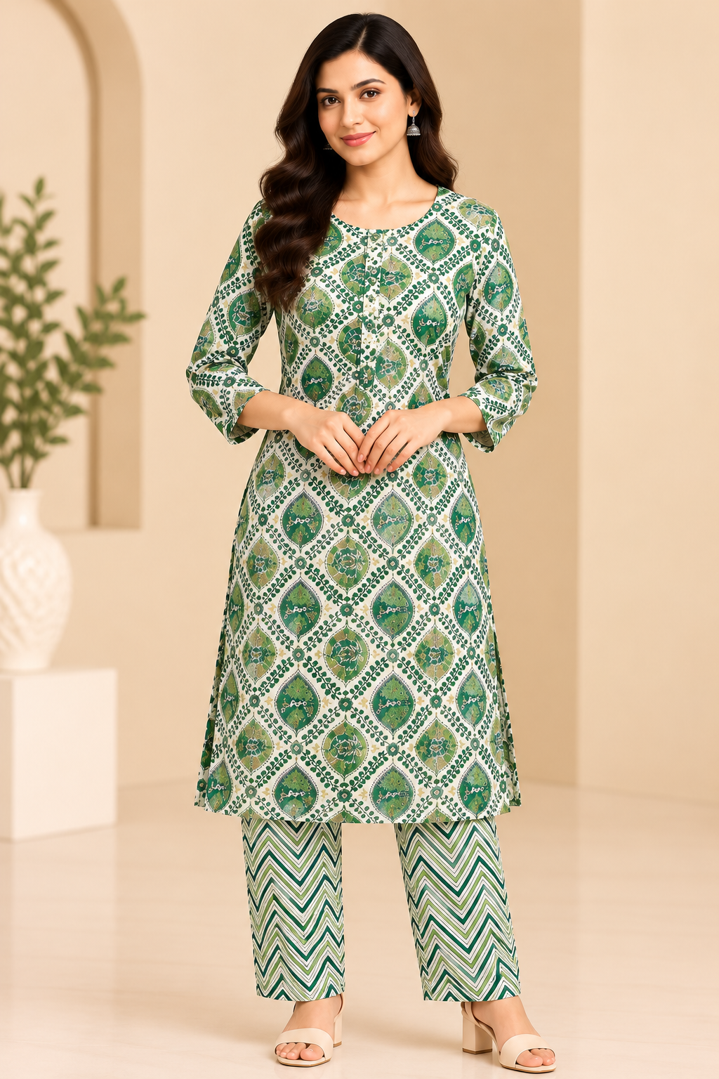 Women's Green Printed Kurti Pant Set with Matching Chevron Pants image 3