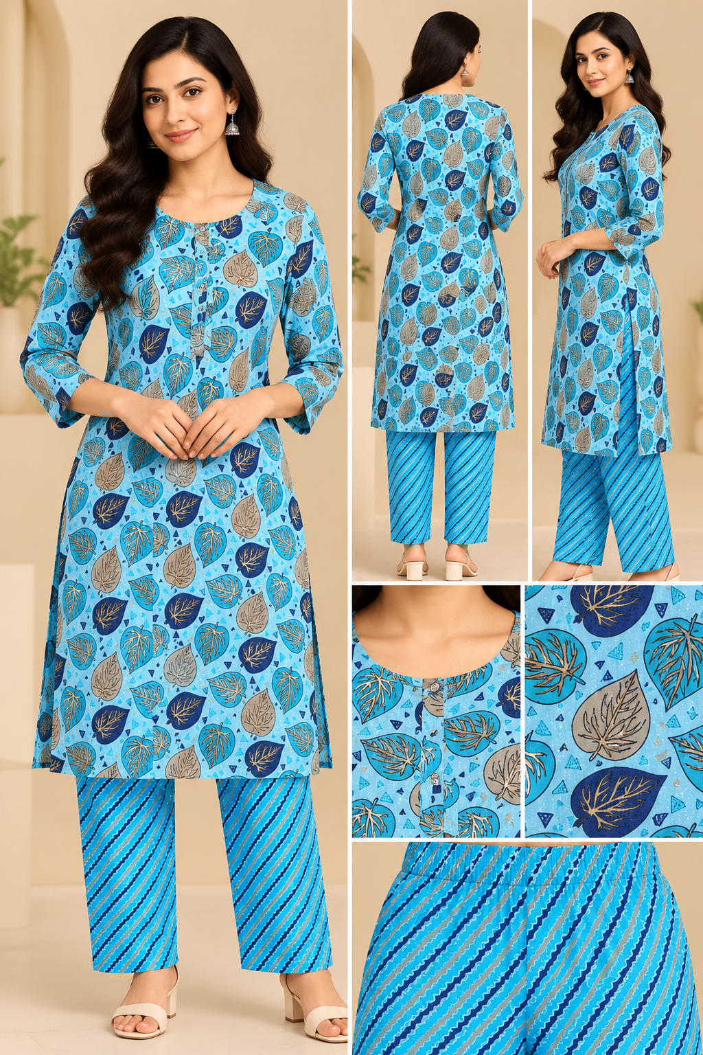 Women's Aqua Blue Leaf Print Kurti Pant Set with Printed Straight Pants
