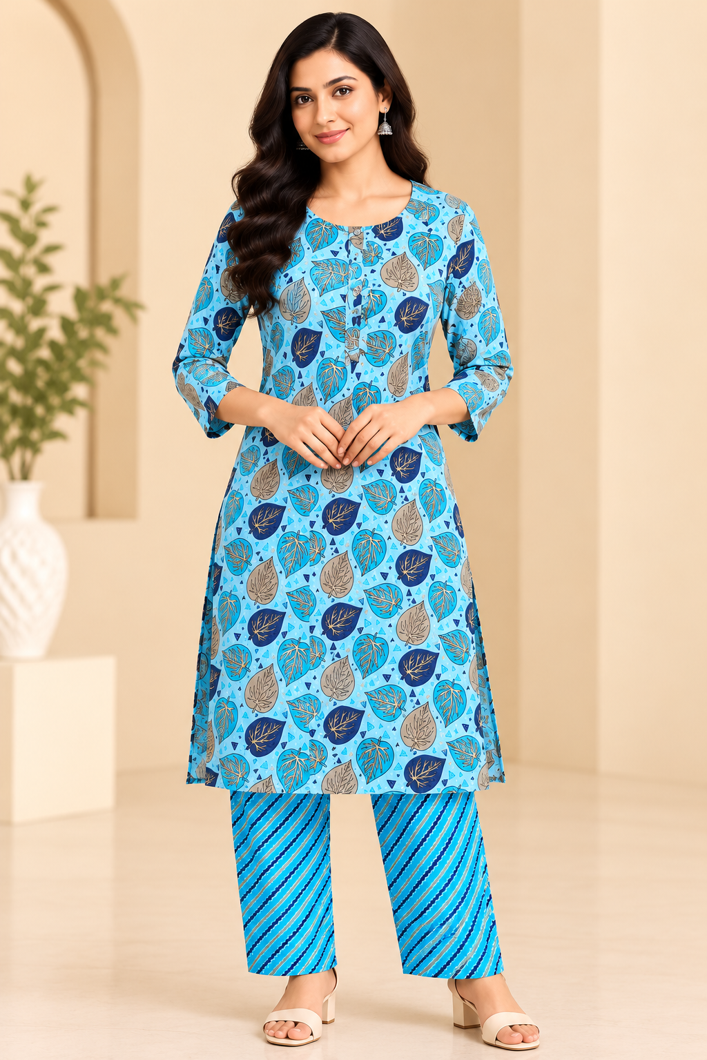 Women's Aqua Blue Leaf Print Kurti Pant Set with Printed Straight Pants image 2