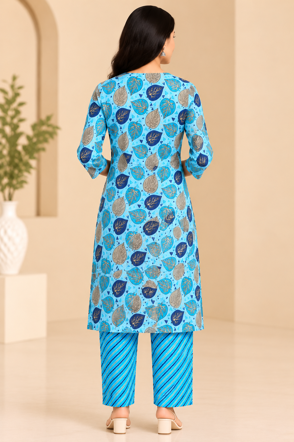 Women's Aqua Blue Leaf Print Kurti Pant Set with Printed Straight Pants image 3