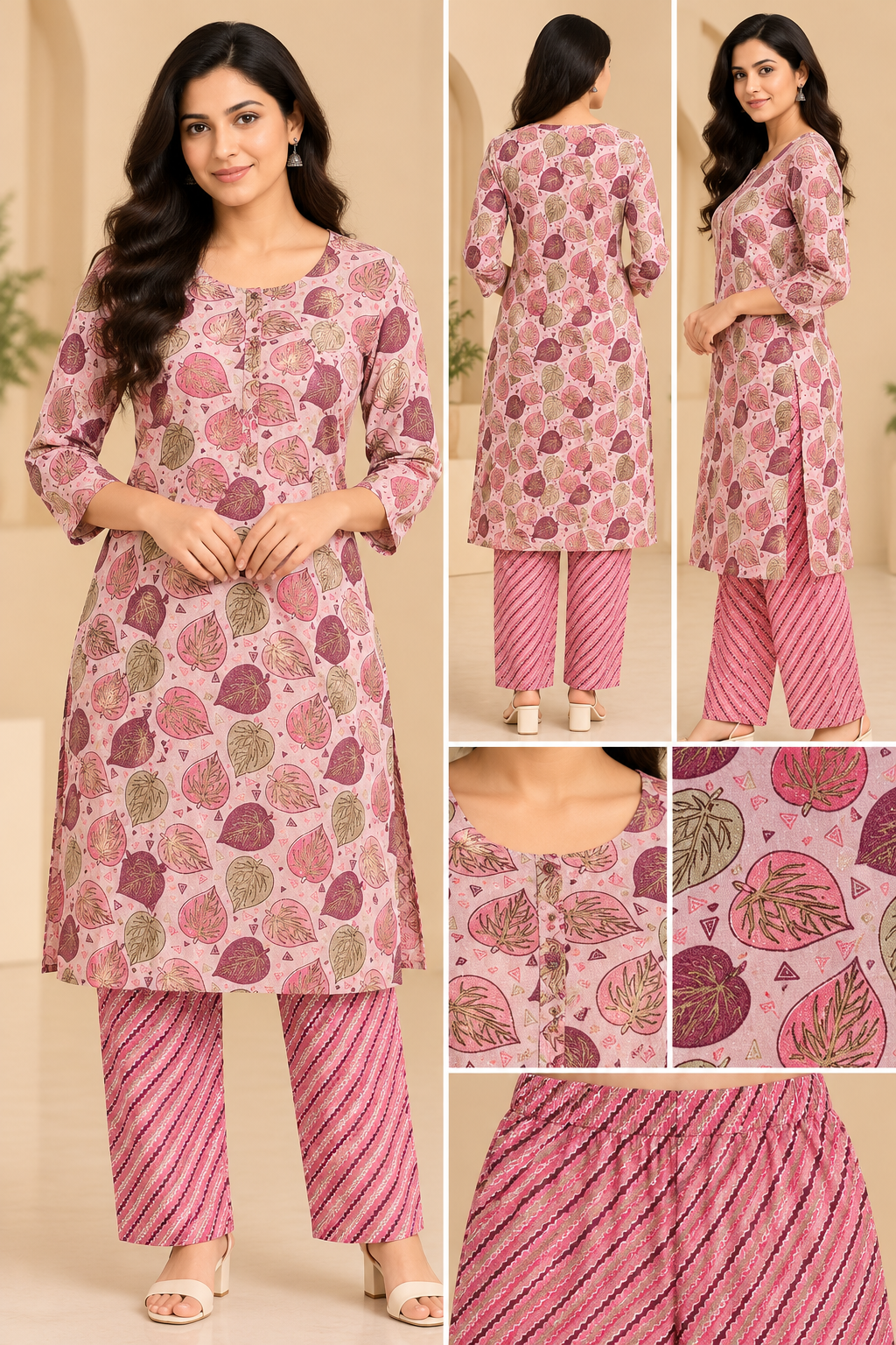 Women's Pink Leaf Print Kurti Pant Set with Printed Straight Pants