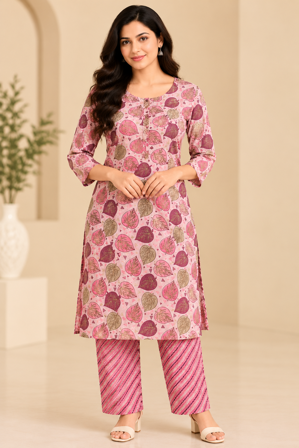 Women's Pink Leaf Print Kurti Pant Set with Printed Straight Pants image 2