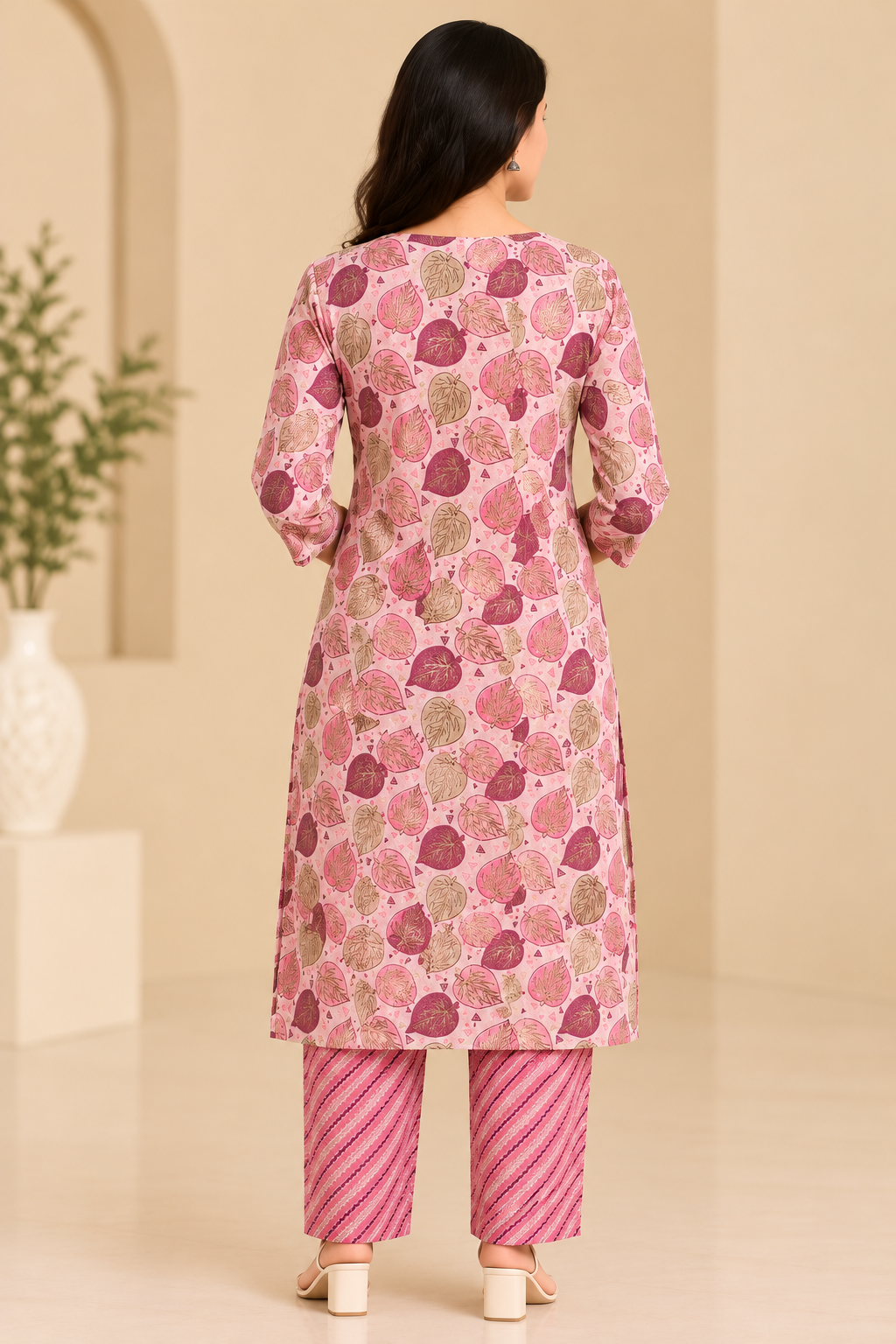 Women's Pink Leaf Print Kurti Pant Set with Printed Straight Pants image 3