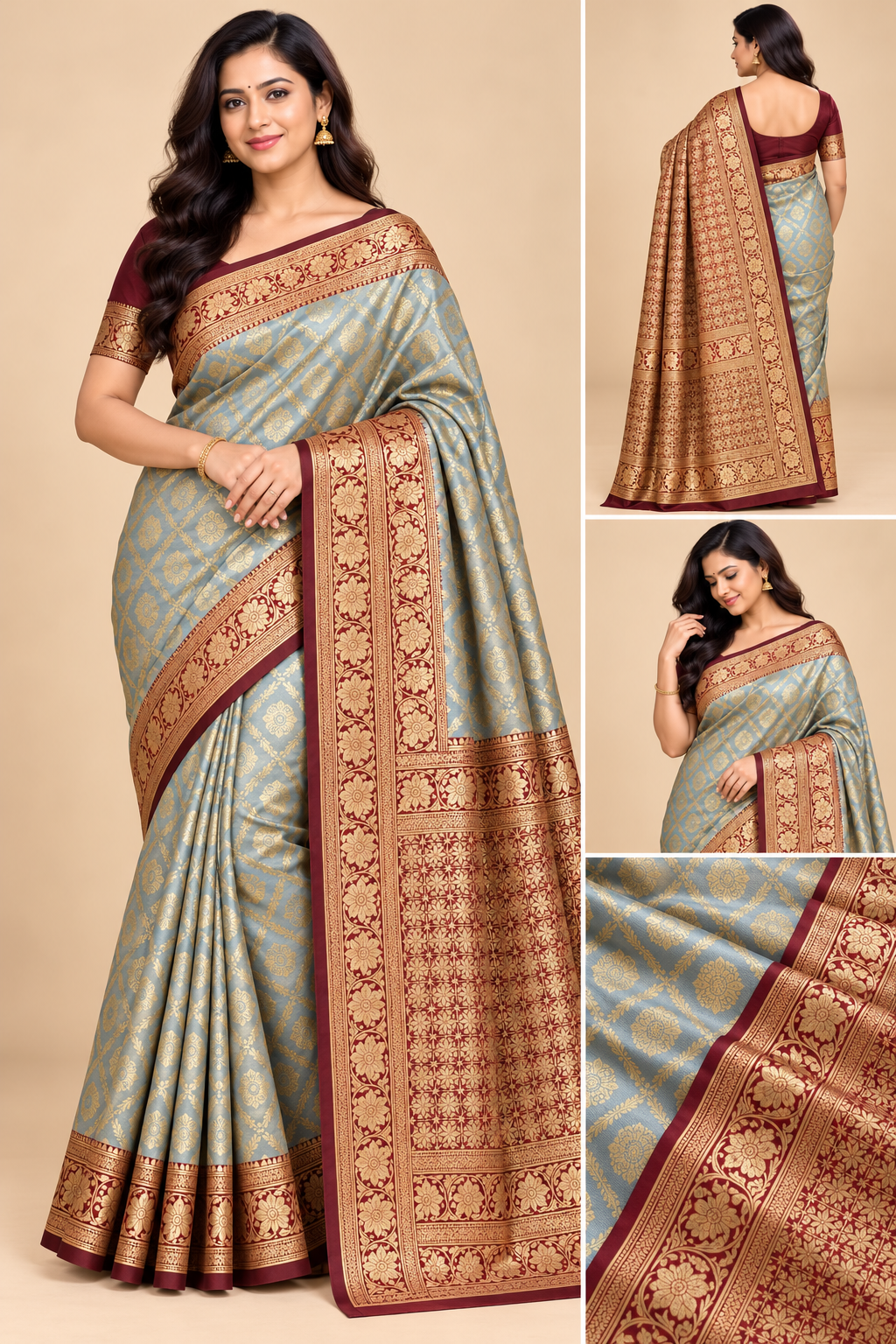 Light Blue Saree with Golden Zari Motifs and Maroon Brocade Border for Wedding & Festive Wear