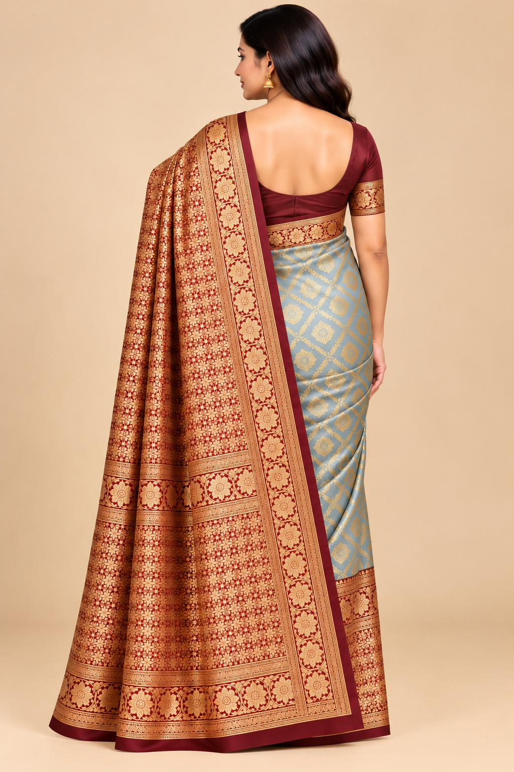 Light Blue Saree with Golden Zari Motifs and Maroon Brocade Border for Wedding & Festive Wear image 2